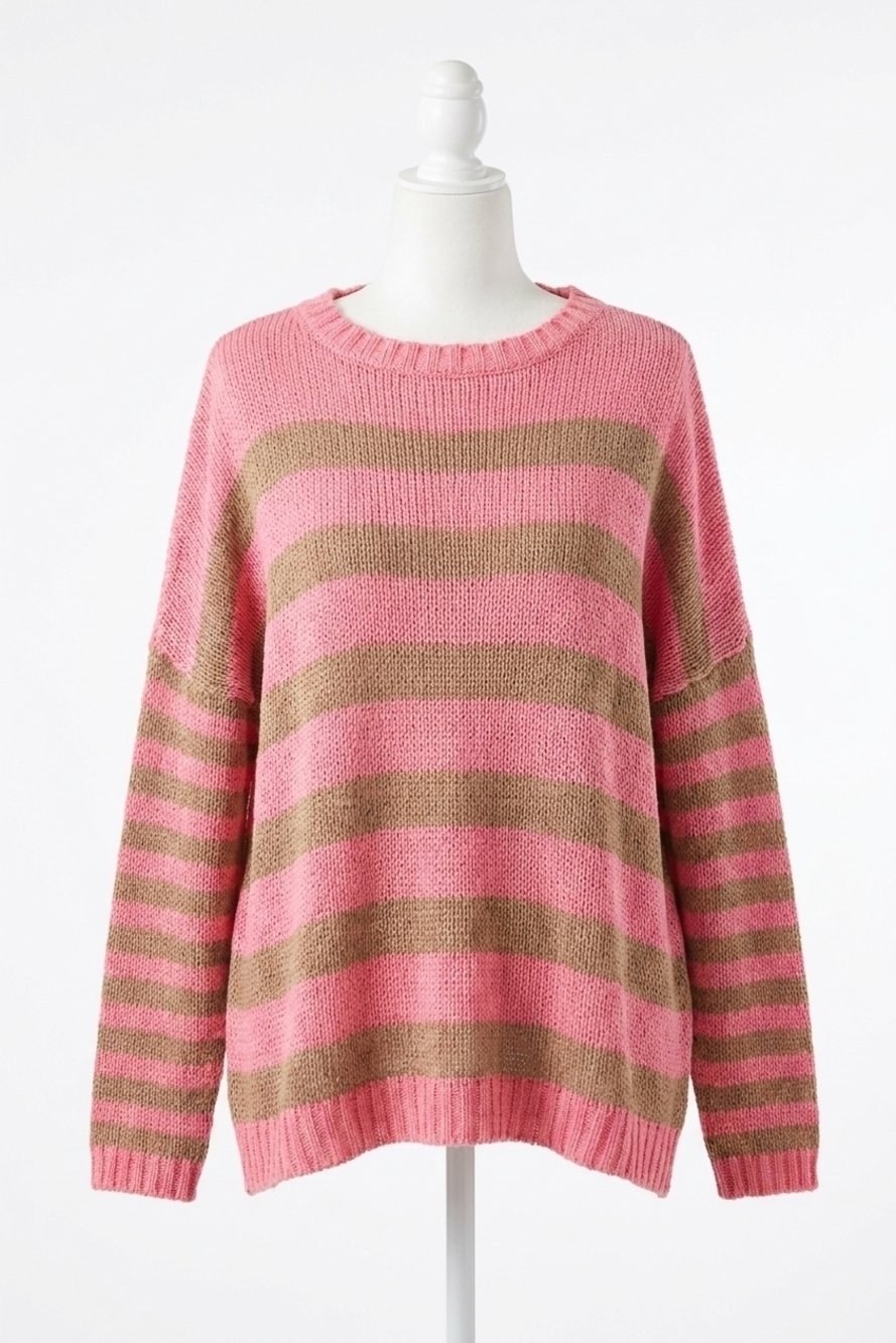 NEW WOODEN SHIPS taylor striped crew cotton sweater in fierce pink cedar